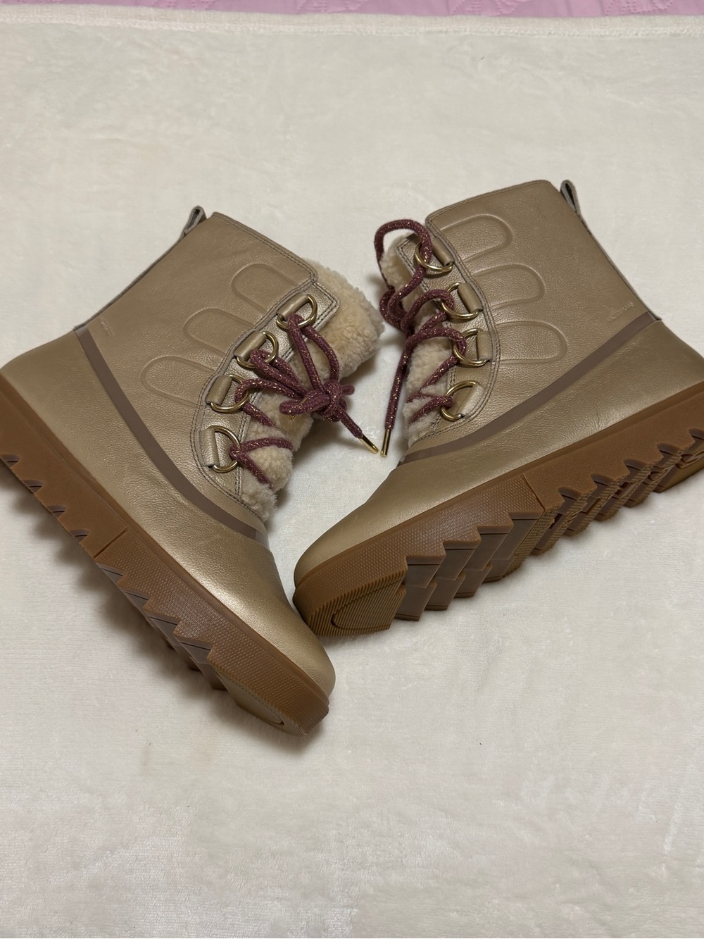 Sorel Taupe Shearling-Trim Waterproof Winter Boot with Brown Sole